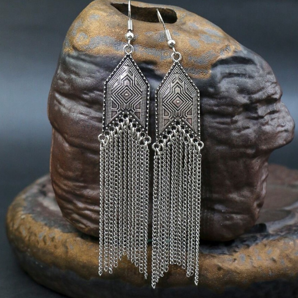 Antiqued Silver Boho Tassel Earrings